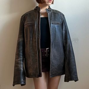 Brown vintage leather collarless jacket